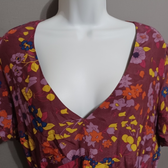 Modcloth dress purple v neck short puff sleeve floral tie waist midi summer XL - Picture 2 of 6